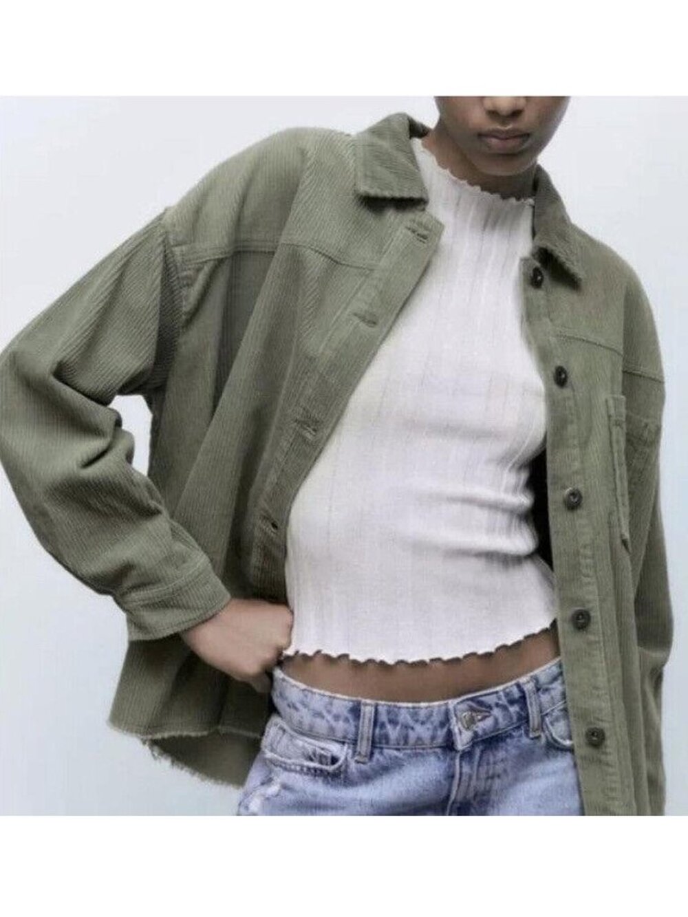 ZARA 100% Cotton Soft Corduroy Shacket Light Green Frayed Hem Size M